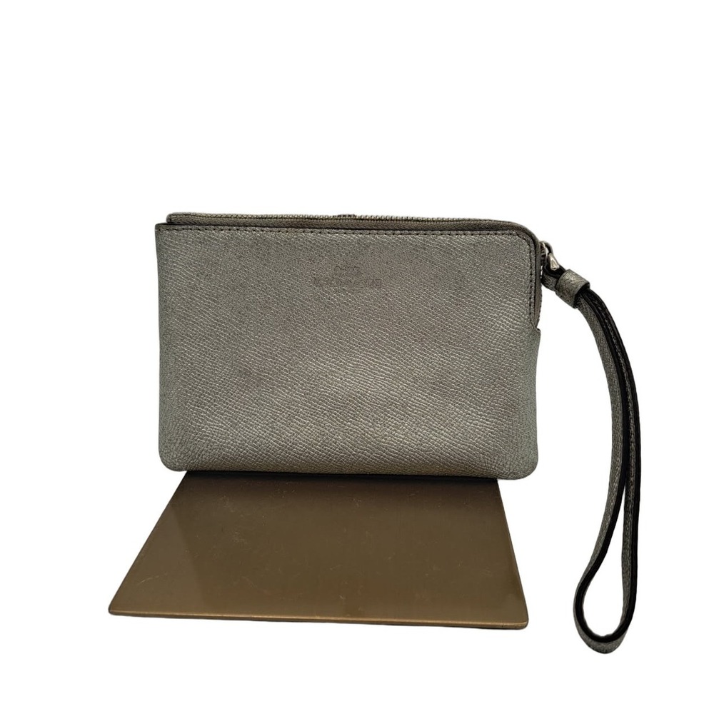 Kate Spade Wristlet Purse Women's Metallic Silver Leather Zip‎ Card Slots Bag
